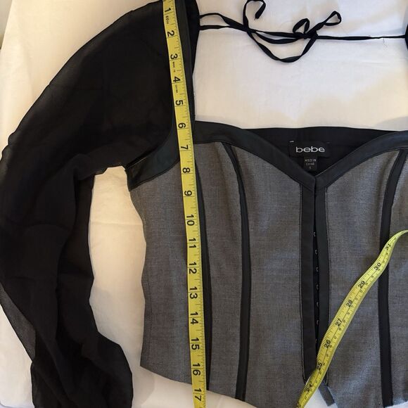 Bebe Y2K Leather & Silk Sheer Long Sleeve Corset Top Size Small Eye Hook Close - Picture 16 of 16